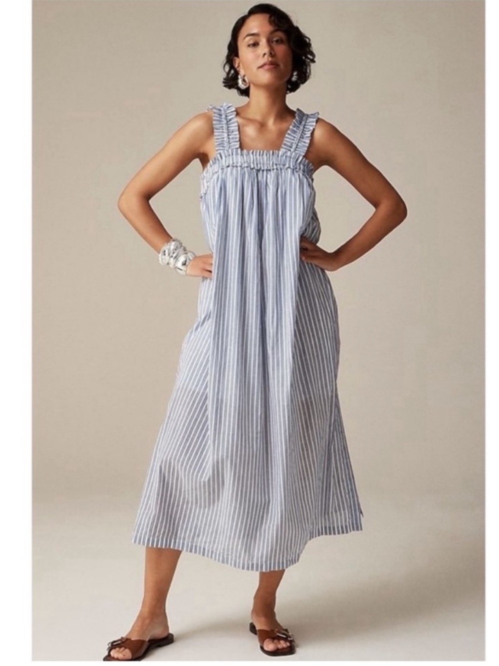 J Crew Voile ruffle trim a-line shift dress midi cotton blue white stripe L